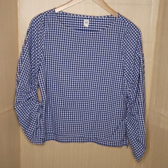 GAP Tops - Gap Blue White Check Wide Neck Blouse Medium